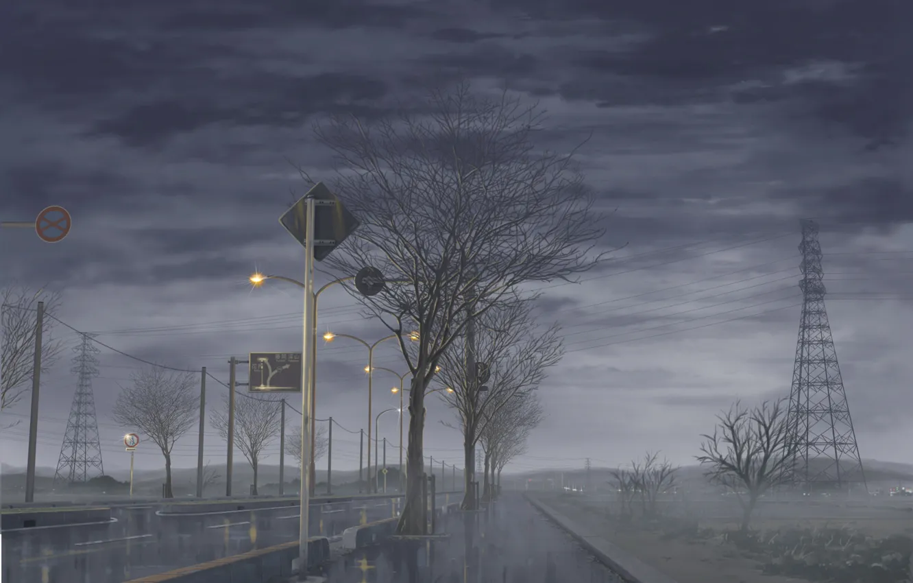 Фото обои дорога, небо, деревья, тучи, туман, дождь, япония, фанари