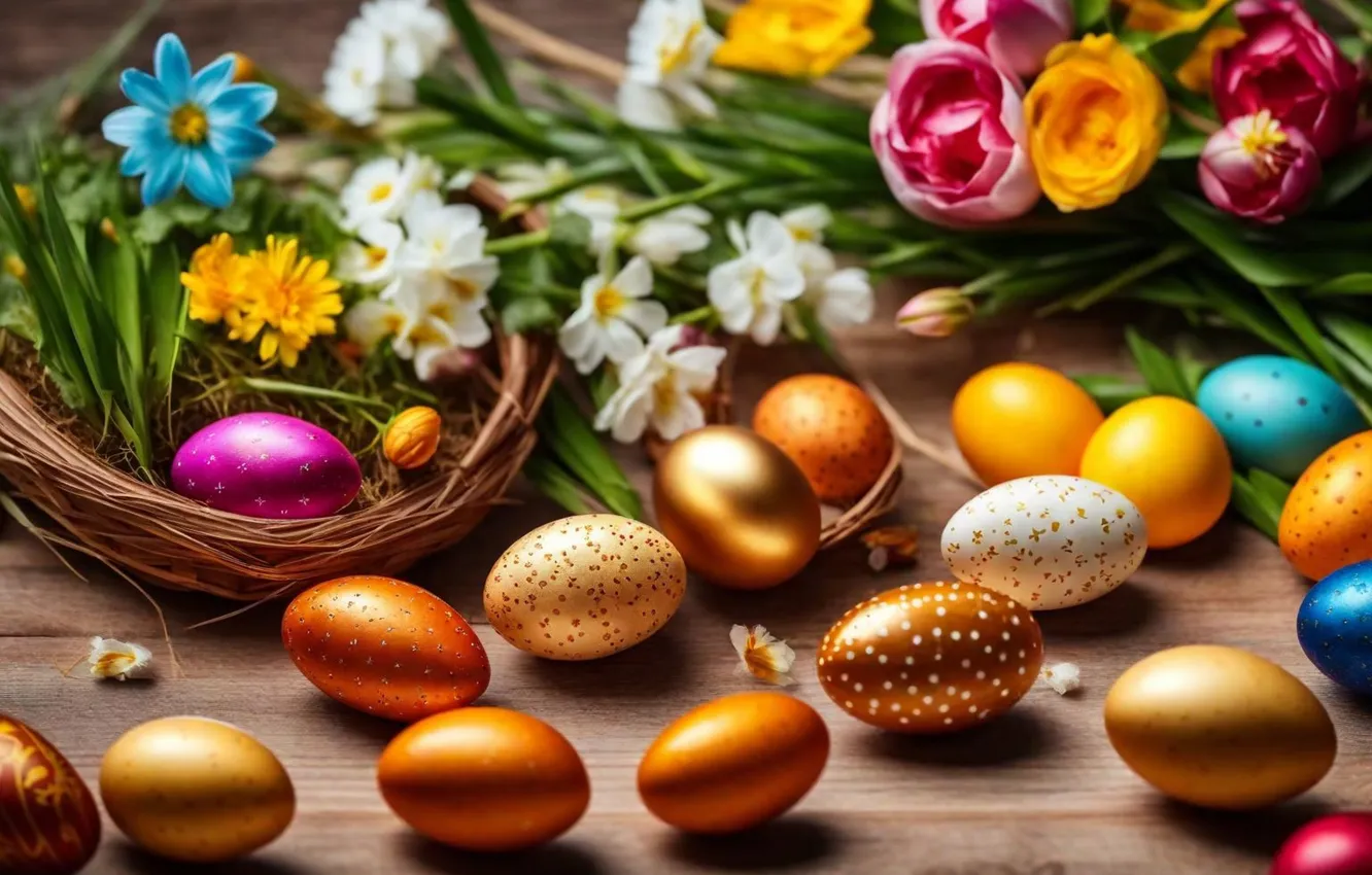 Фото обои цветы, яйца, весна, colorful, Пасха, happy, flowers, spring
