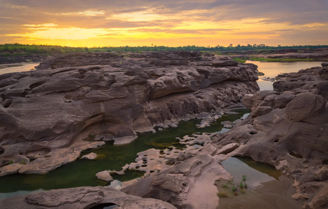 Фото обои закат, река, камни, скалы, Thailand, river, nature, stone