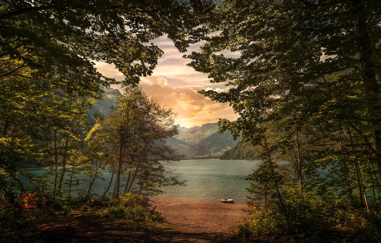 Фото обои горы, озеро, Швейцария, Альпы, Klöntalersee
