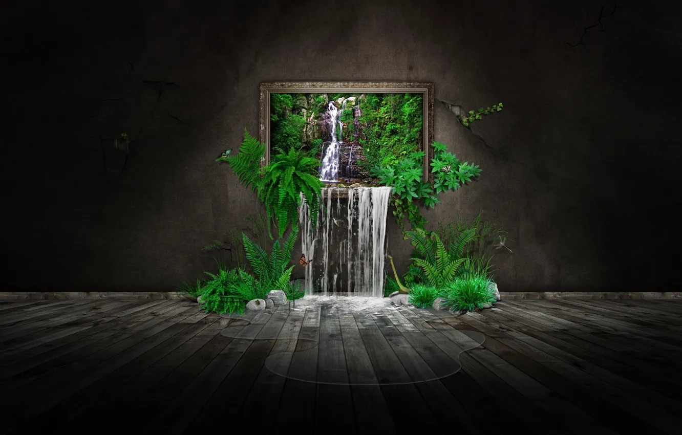 Фото обои зелень, природа, бабочка, водопад, картина, photomanipulation