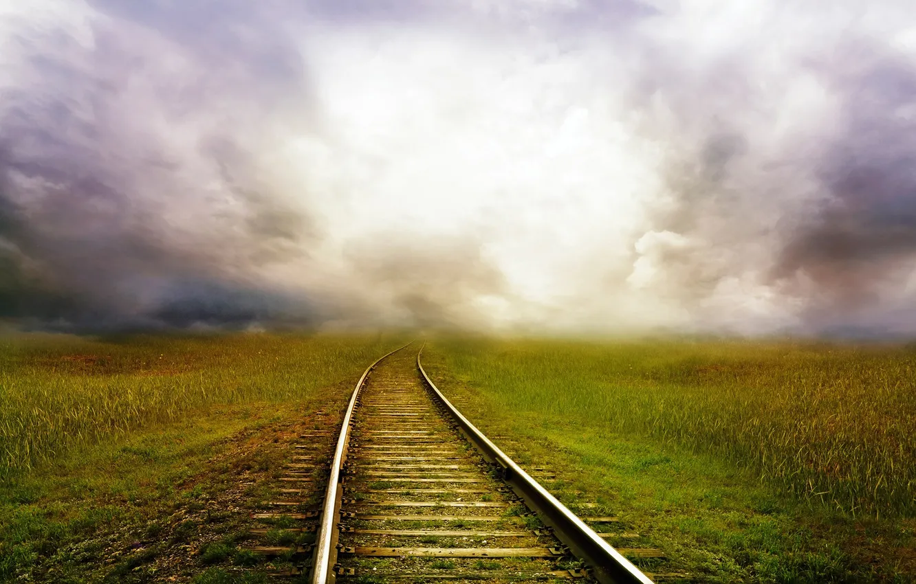 Фото обои grass, landscape, fog, railway