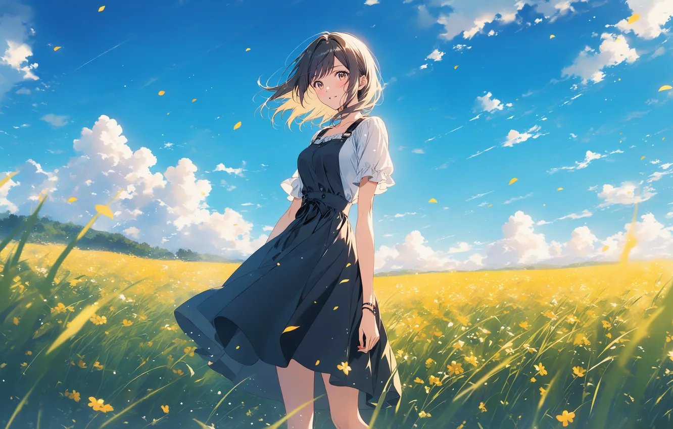 Фото обои поле, девушка, солнце, аниме, girl, field, woman, anime