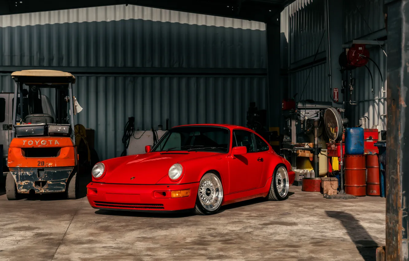 Фото обои Porsche, Red, Front, 964, Garage, Porsche 964