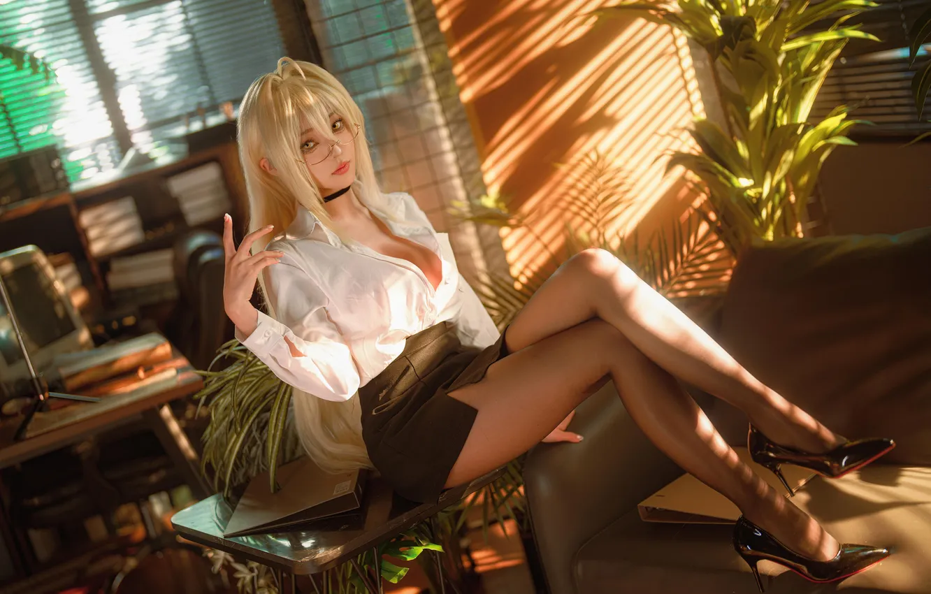 Фото обои Asian, women, cosplay, blonde, big boobs, sitting, bent legs, legs crossed