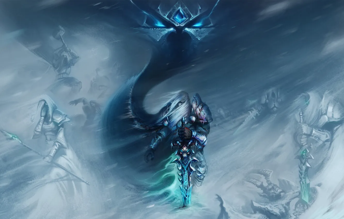 Фото обои снег, оружие, ветер, арт, wow, персонажи, world of warcraft, Arthas Menethil
