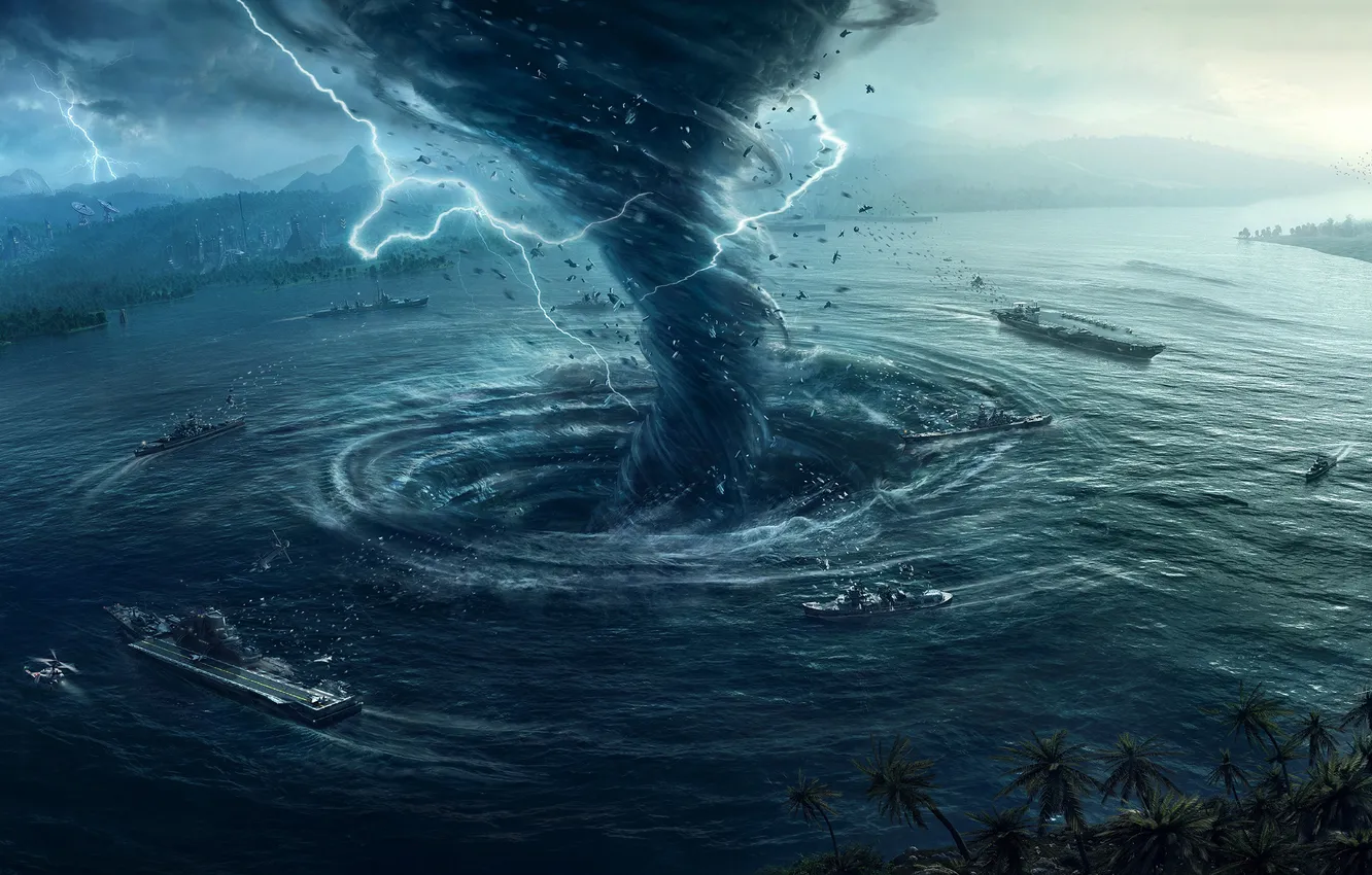 Фото обои шторм, молнии, корабли, вихрь, desktopography, cataclysm, рендер
