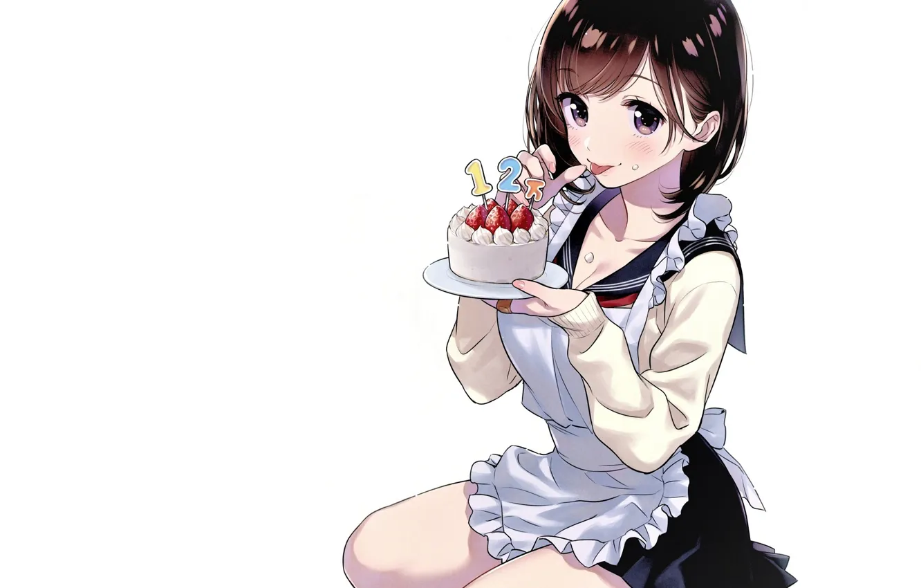 Фото обои белый фон, школьница, крем, фартук, сладкоежка, облизывает, матроска, кусок торта