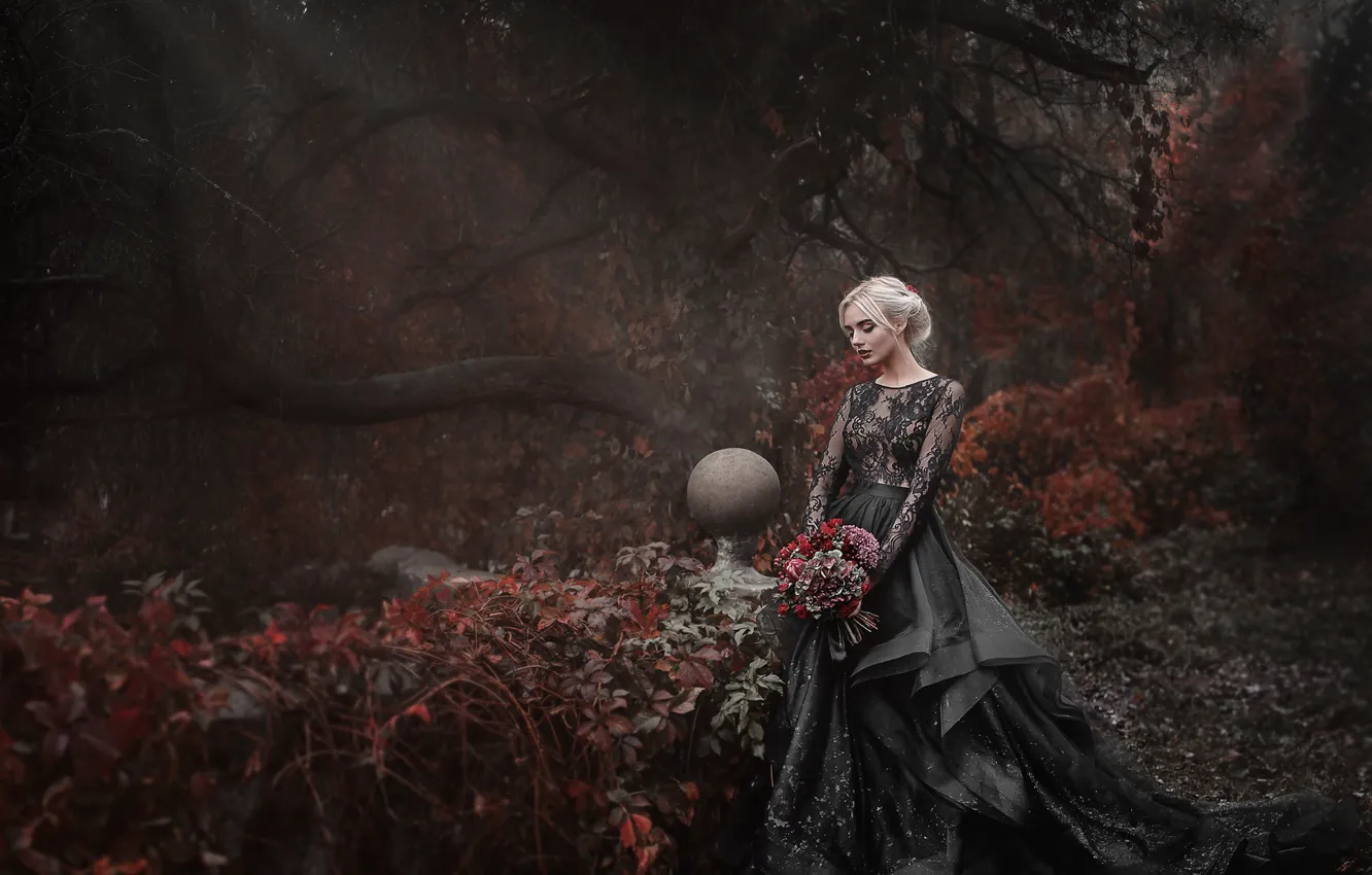 Фото обои девушка, цветы, парк, настроение, букет, платье, Damien Prokhorov