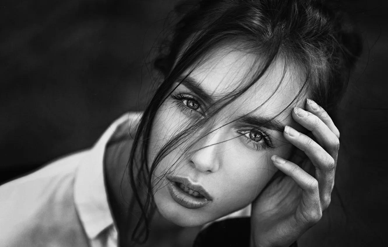 Фото обои глаза, взгляд, девушка, портрет, Виктория Вишневецкая, чёрно - белое фото