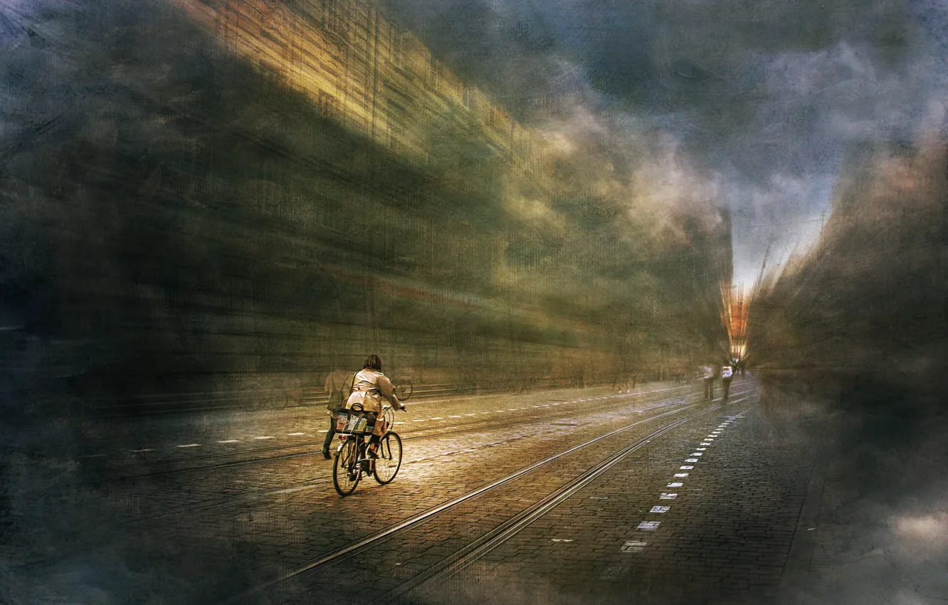 Фото обои велосипед, город, фильтр