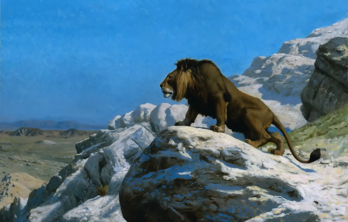 Фото обои Горы, Камень, Картина, Лев, Большая кошка, Жан-Леон Жером, Jean-Leon Gerome, Французский художник