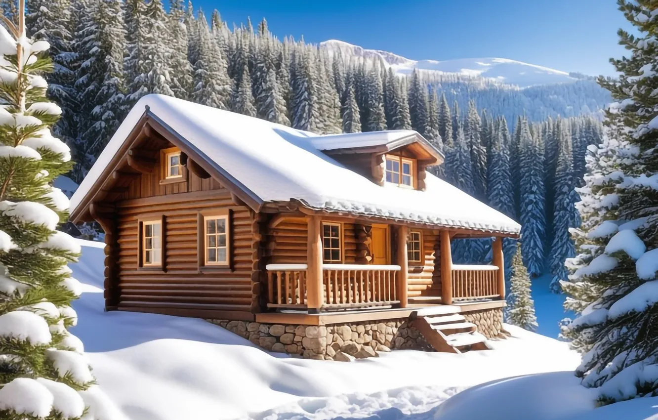 Фото обои зима, лес, снег, деревья, горы, елки, домик, house