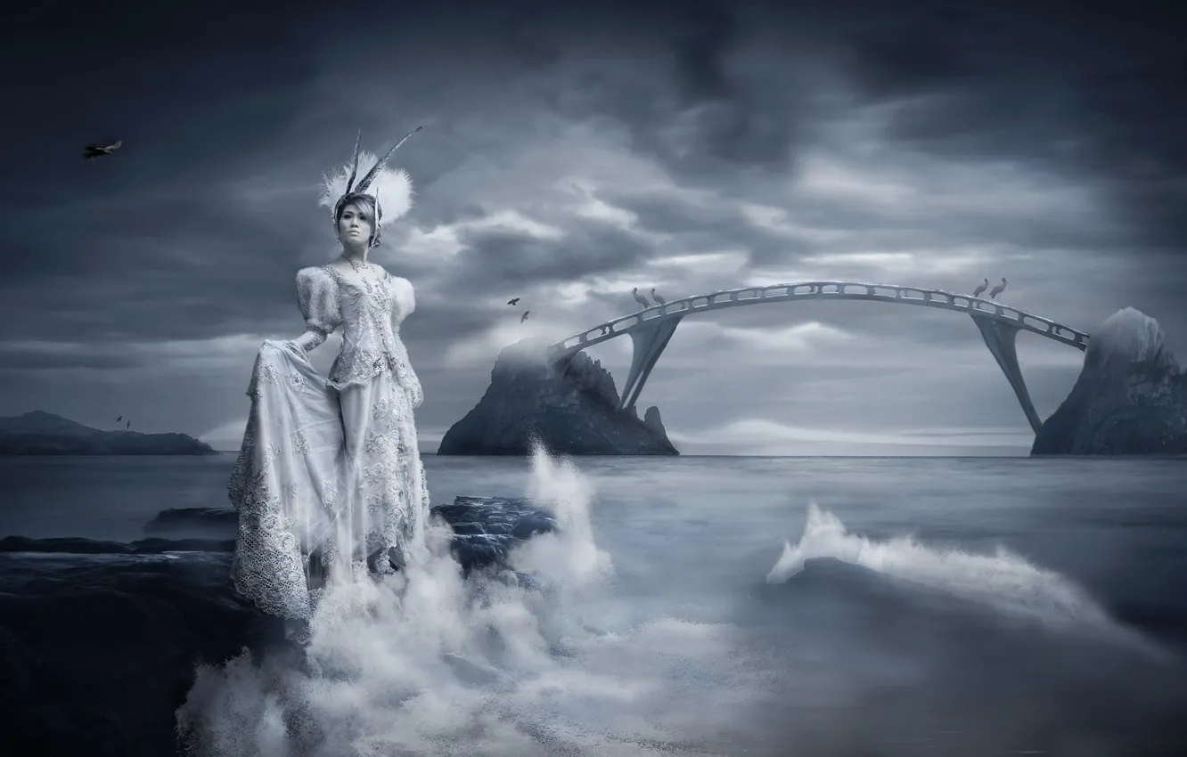 Фото обои небо, взгляд, вода, мост, птица, одежда, волна, Девушка