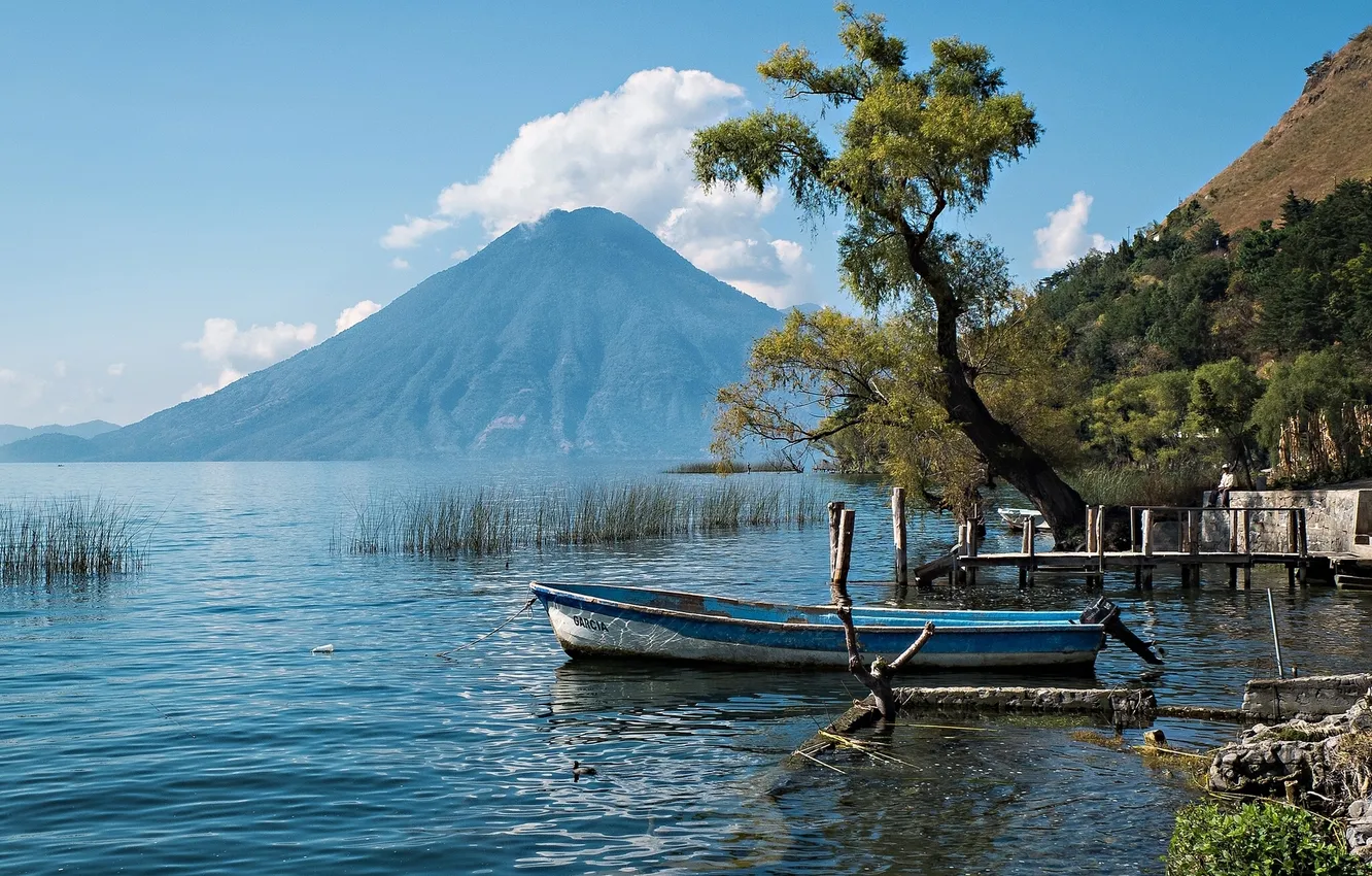 Фото обои дерево, лодка, Гватемала, Guatemala, озеро Атитлан, вулкан Атитлан, Lake Atitlan