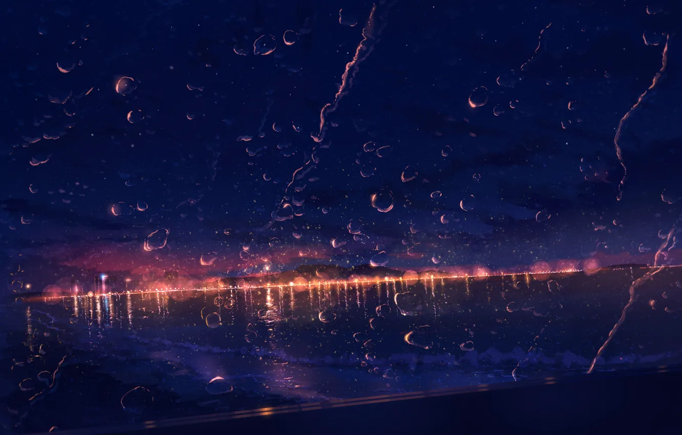 Фото обои море, огни, дождь, вечер, окно, by JW