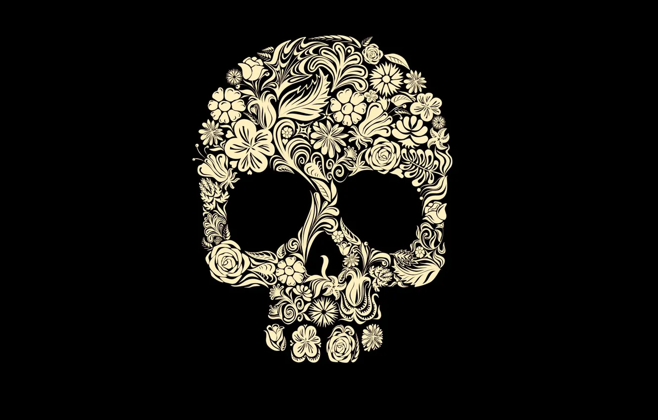 Фото обои цветы, узоры, череп, голова, скелет, skull, черный фон