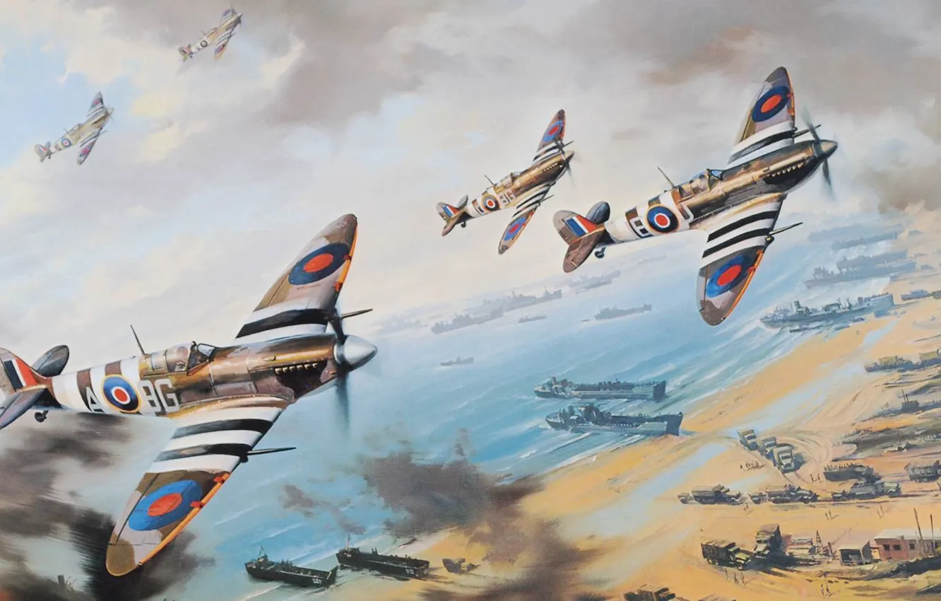 Фото обои пляж, рисунок, корабли, арт, истребители, spitfire, Normady, fighter sweep