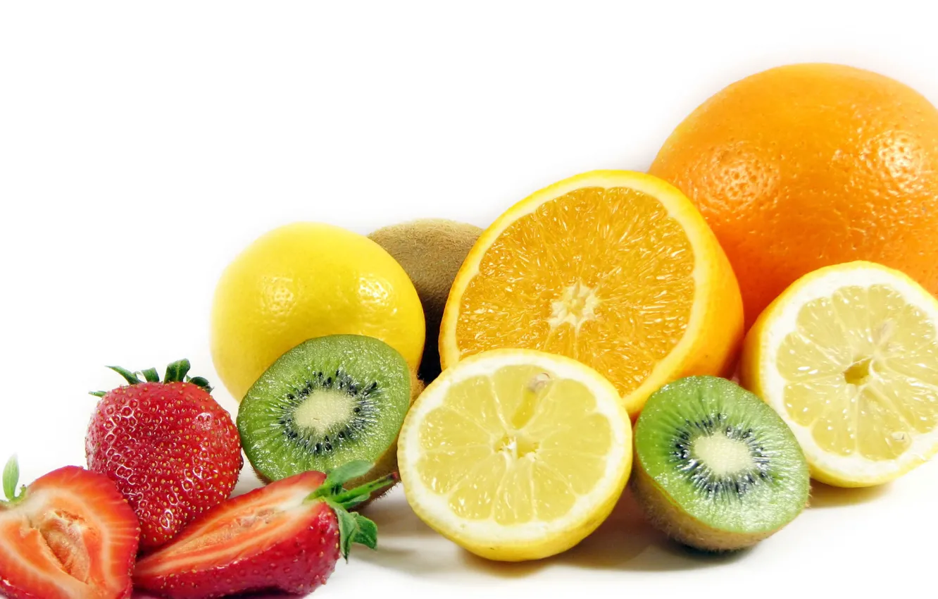 Фото обои лимон, апельсин, киви, клубника, фрукты, банан