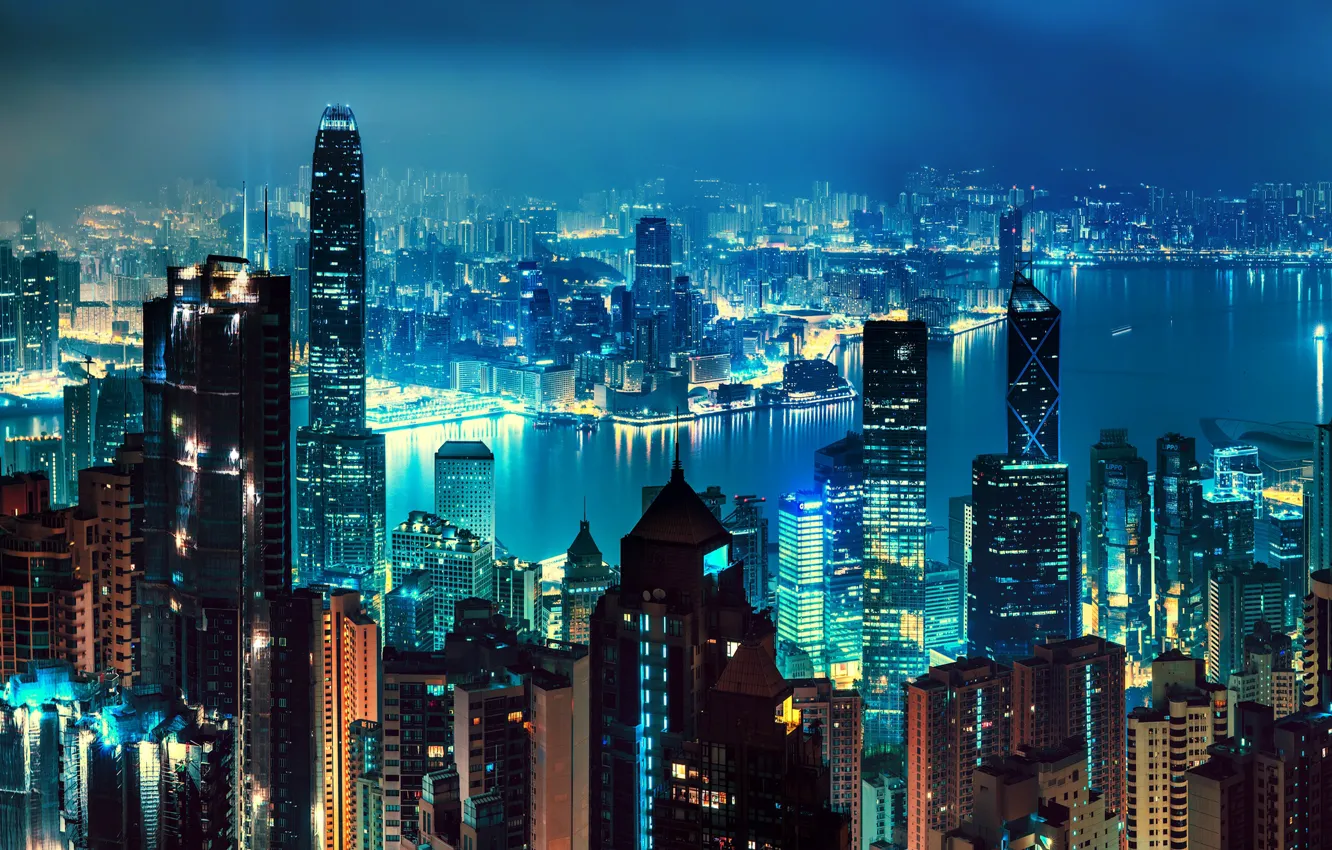 Фото обои ночь, огни, река, дома, Гонконг, небоскребы, панорама, Китай