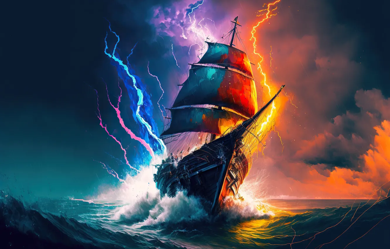 Фото обои storm, sea, lightning, ship, sailboat