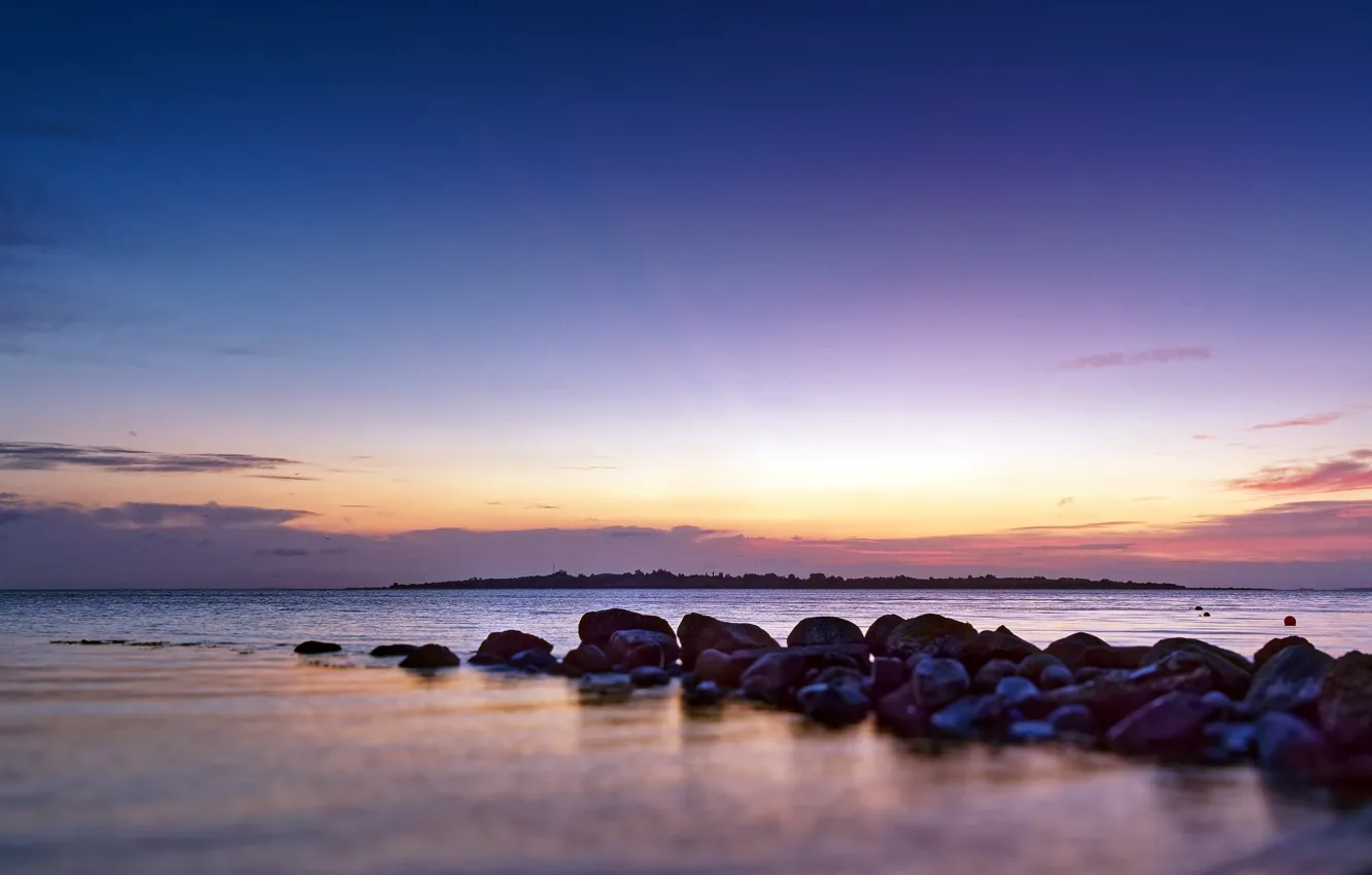 Фото обои небо, вода, облака, закат, камни, горизонт, sky, sunset