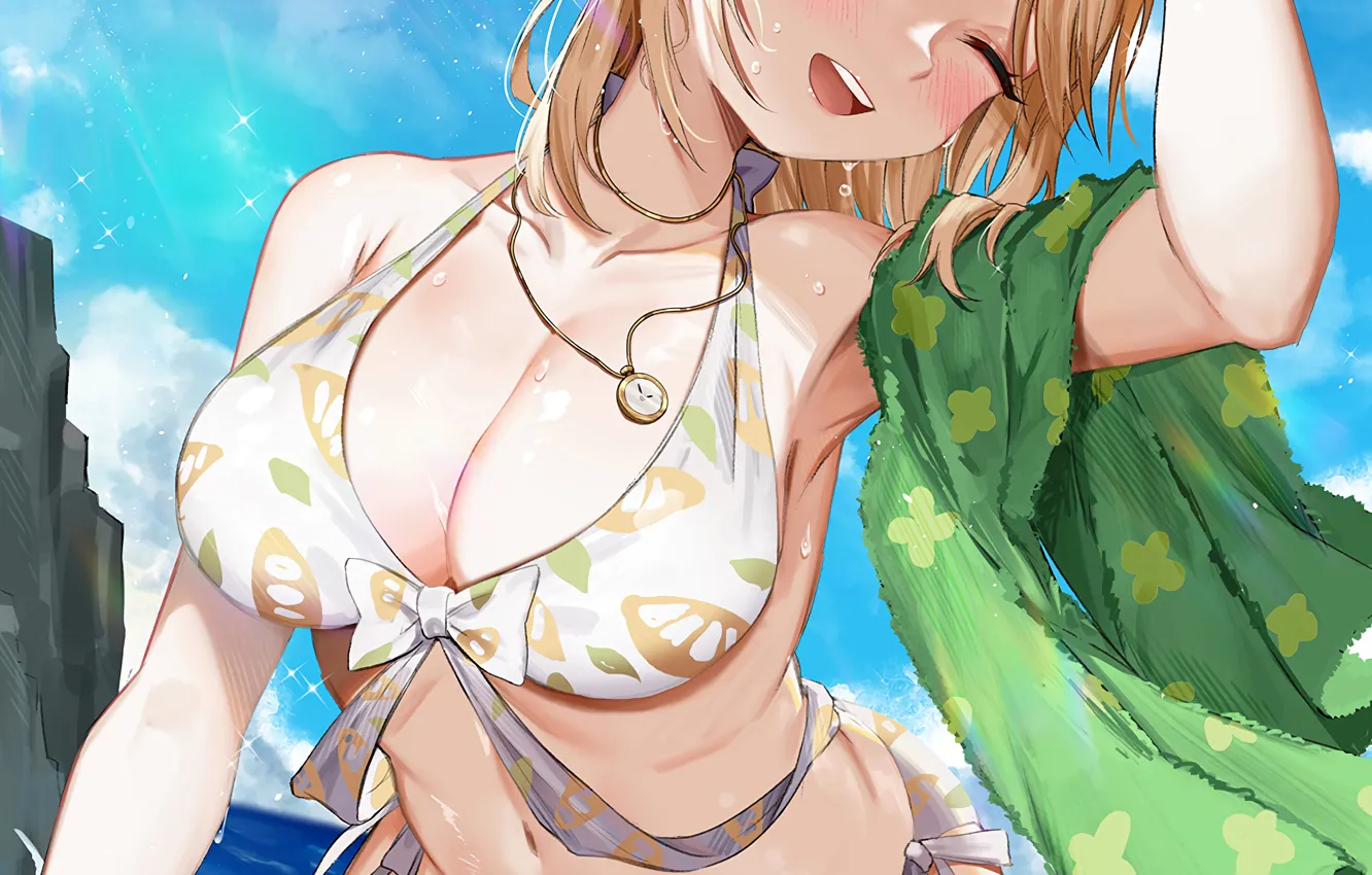 Фото обои girl, sexy, wet, cleavage, boobs, anime, blue eyes, beautiful
