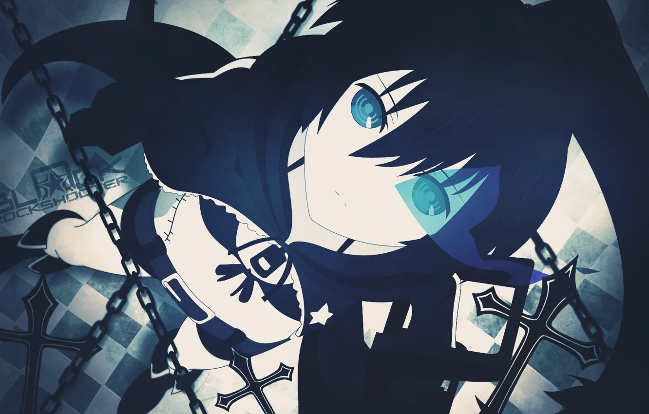 Фото обои аниме, арт, девочка, цепи, black rock shooter, светящийся глаз