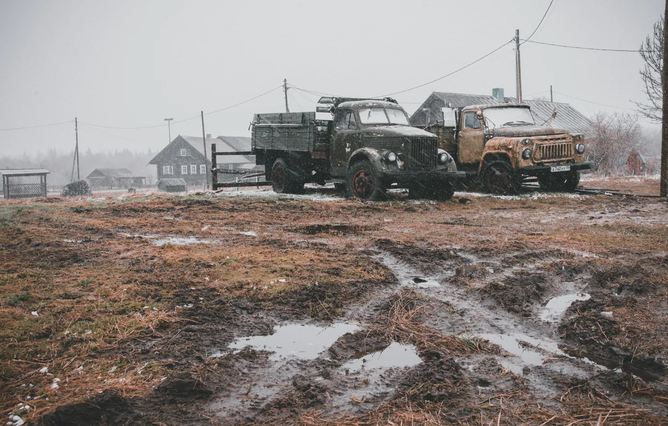 Фото обои Russia, Snow, Village, Trucks, Cold, Mud, Artem Maltsev, Old Trucks