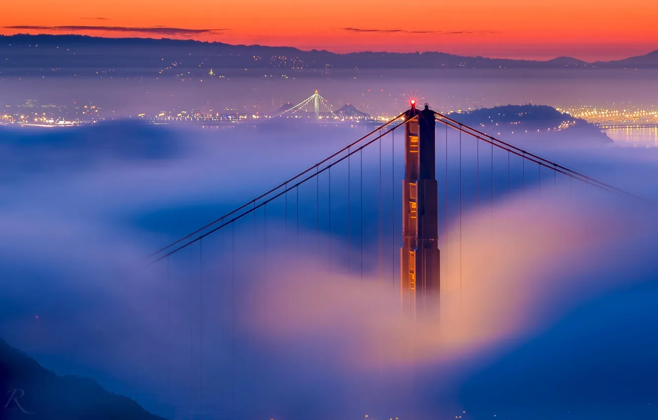 Фото обои мост, туман, вечер, Калифорния, Сан-Франциско, золотые ворота
