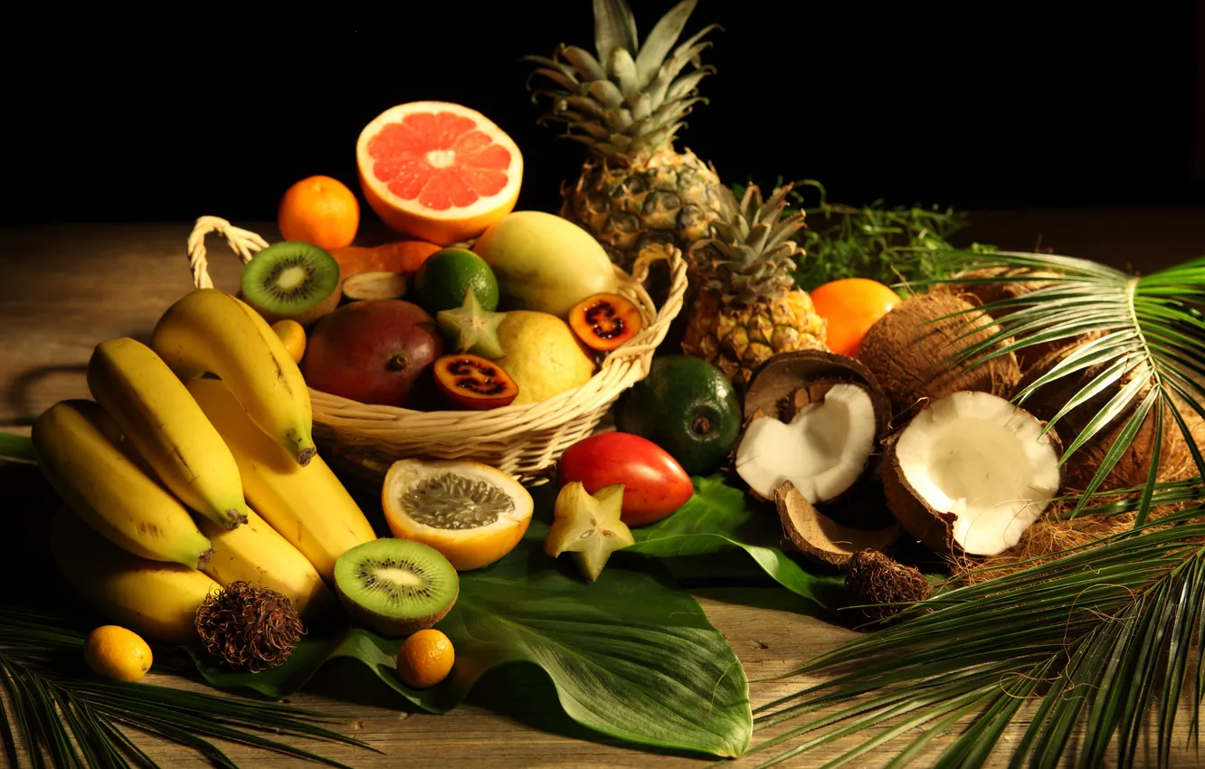 Фото обои листья, кокос, киви, бананы, фрукты, ананас, грейпфрут