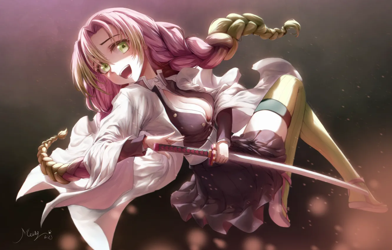 Фото обои девушка, оружие, меч, Kimetsu no Yaiba, Mitsuri Kanroji