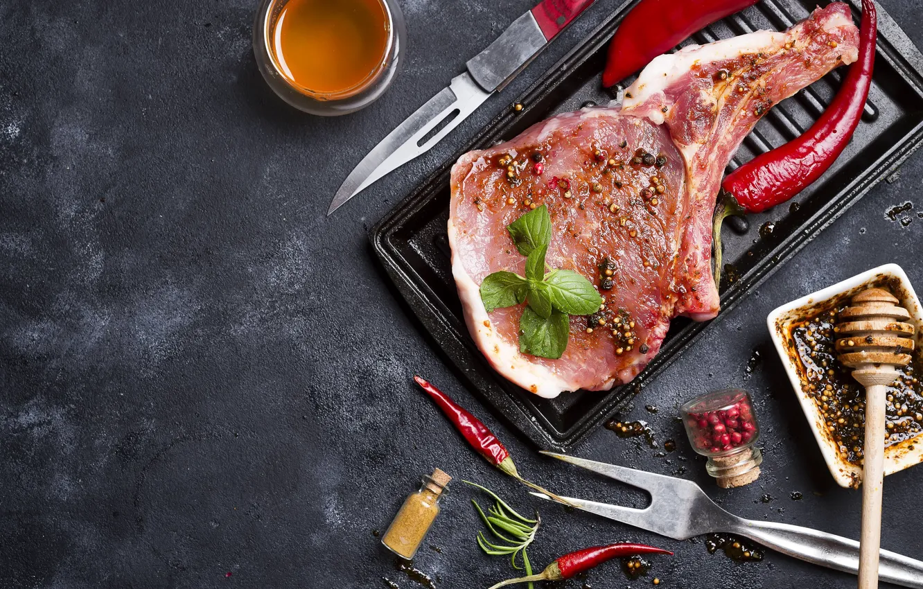 Фото обои мясо, специи, гриль, базилик