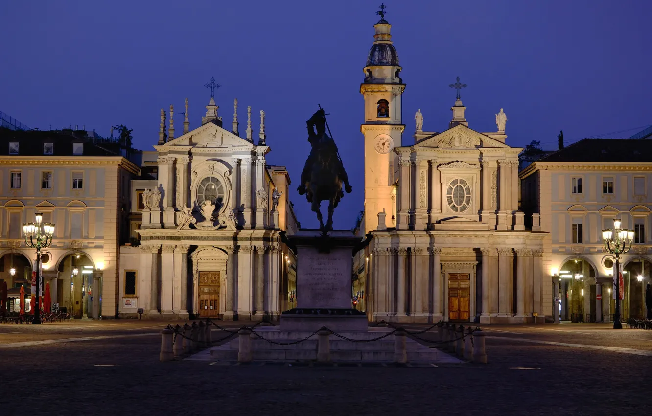 Фото обои ночь, огни, площадь, Италия, памятник, Турин