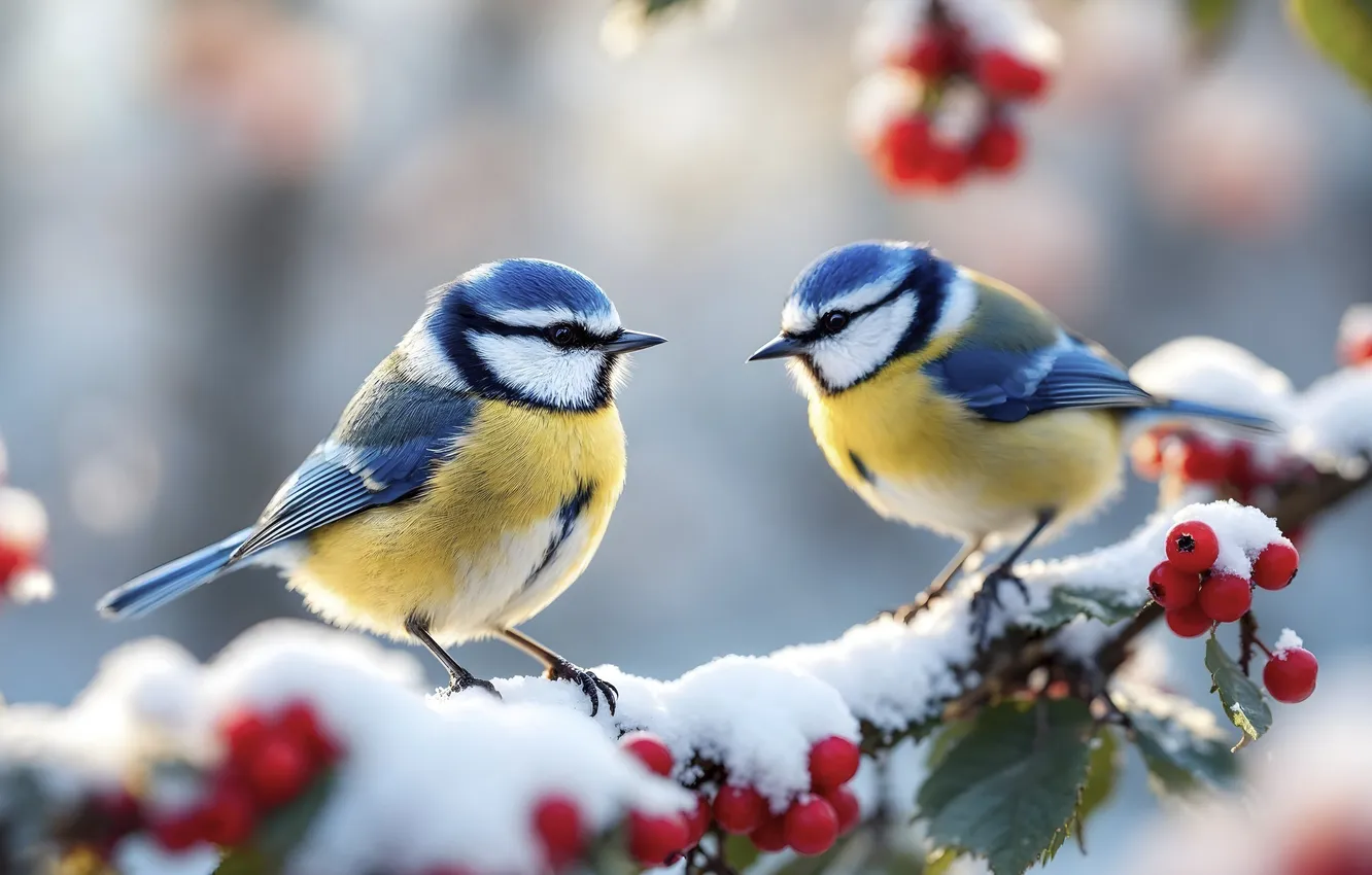 Фото обои зима, снег, птицы, ягоды, winter, snow, birds