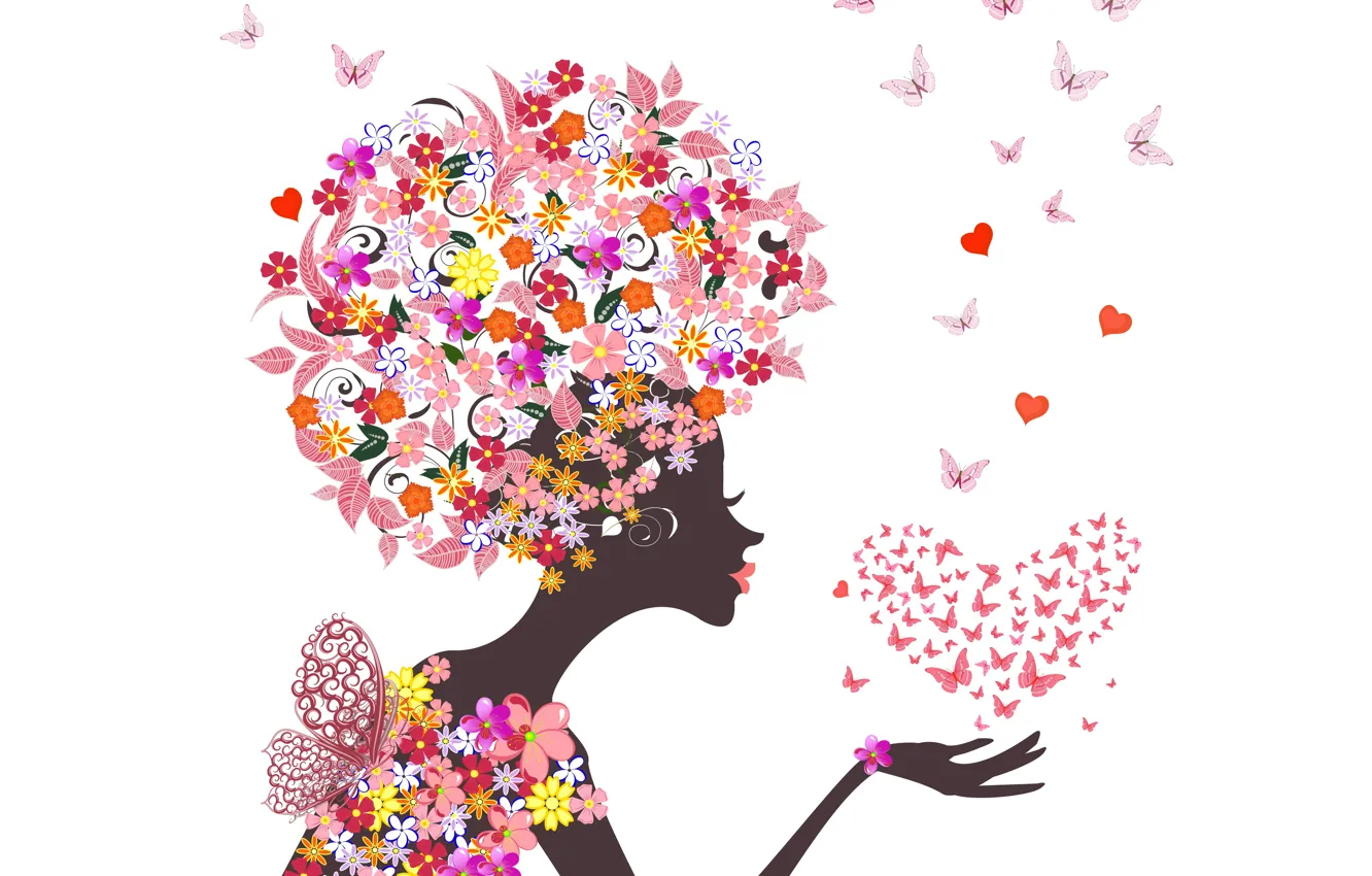 Фото обои девушка, бабочки, цветы, абстракция, сердечки, girl, flowers, hearts