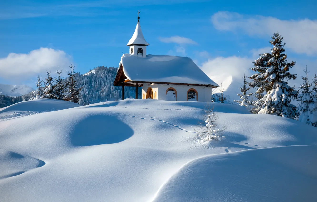 Фото обои зима, снег, горы, Австрия, часовня