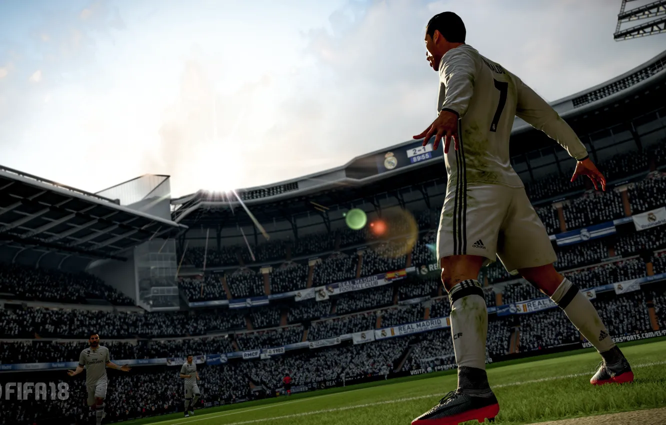 Фото обои logo, Cristiano Ronaldo, game, Adidas, stadium, sun, soccer, Real Madrid