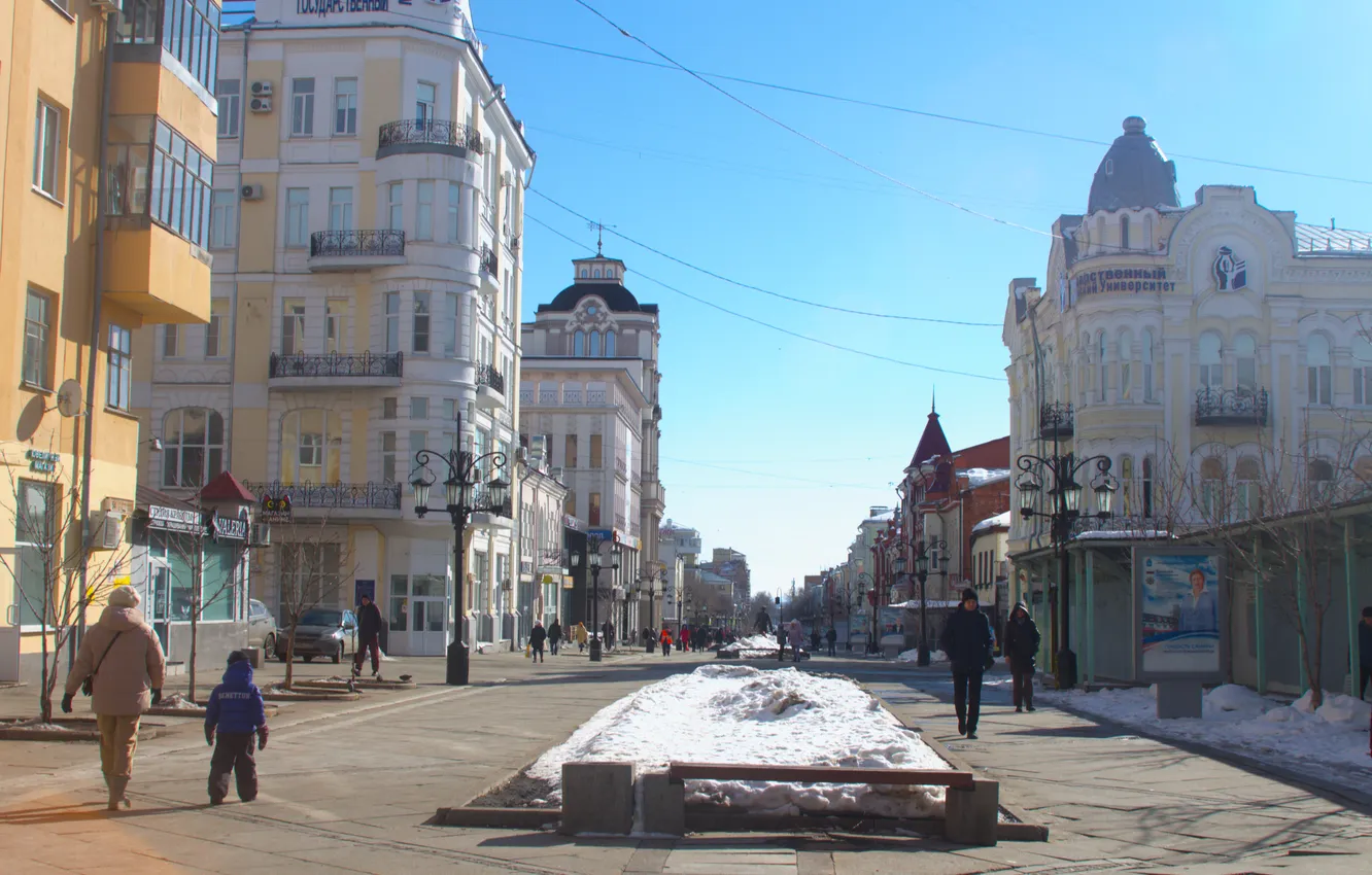Фото обои небо, снег, здания, дома, весна, Россия, архитектура, Самара