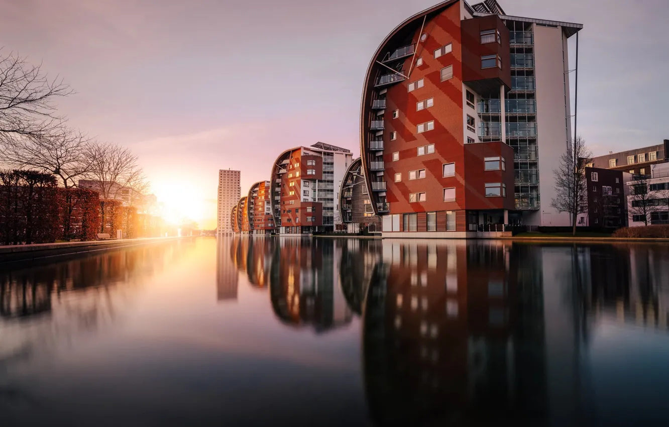 Фото обои вода, свет, город, отражение, дома, канал, Нидерланды