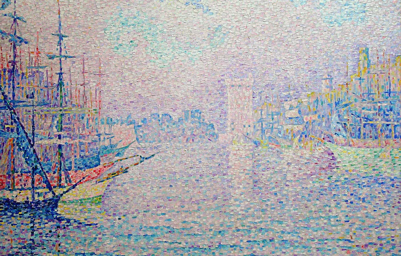Фото обои город, корабль, башня, картина, Поль Синьяк, пуантилизм, Порт Марсель