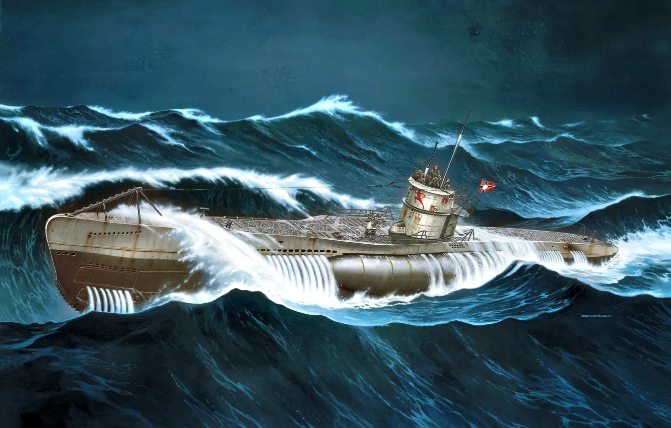 Фото обои волны, Шторм, WWII, German submarine, U-552, U-boot type VIIC, Erich Topp
