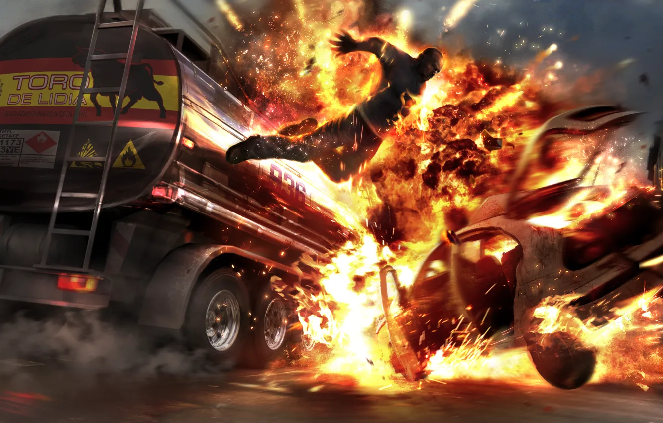 Фото обои Огонь, Взрыв, Горящий Человек, Wheelman Tankerjump, Boom