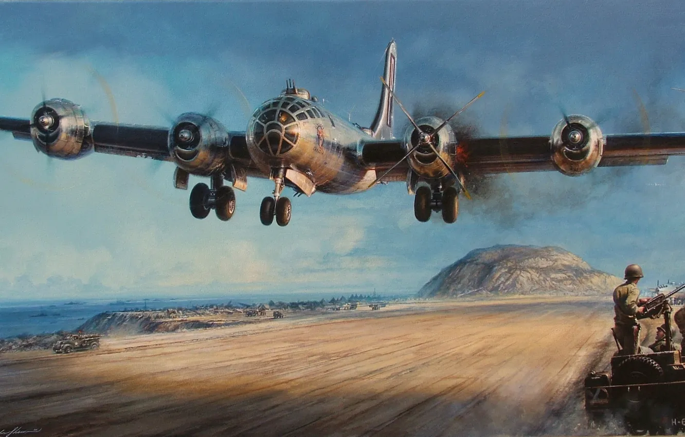 Фото обои пламя, война, дым, рисунок, арт, бомбардировщик, самолёт, посадка