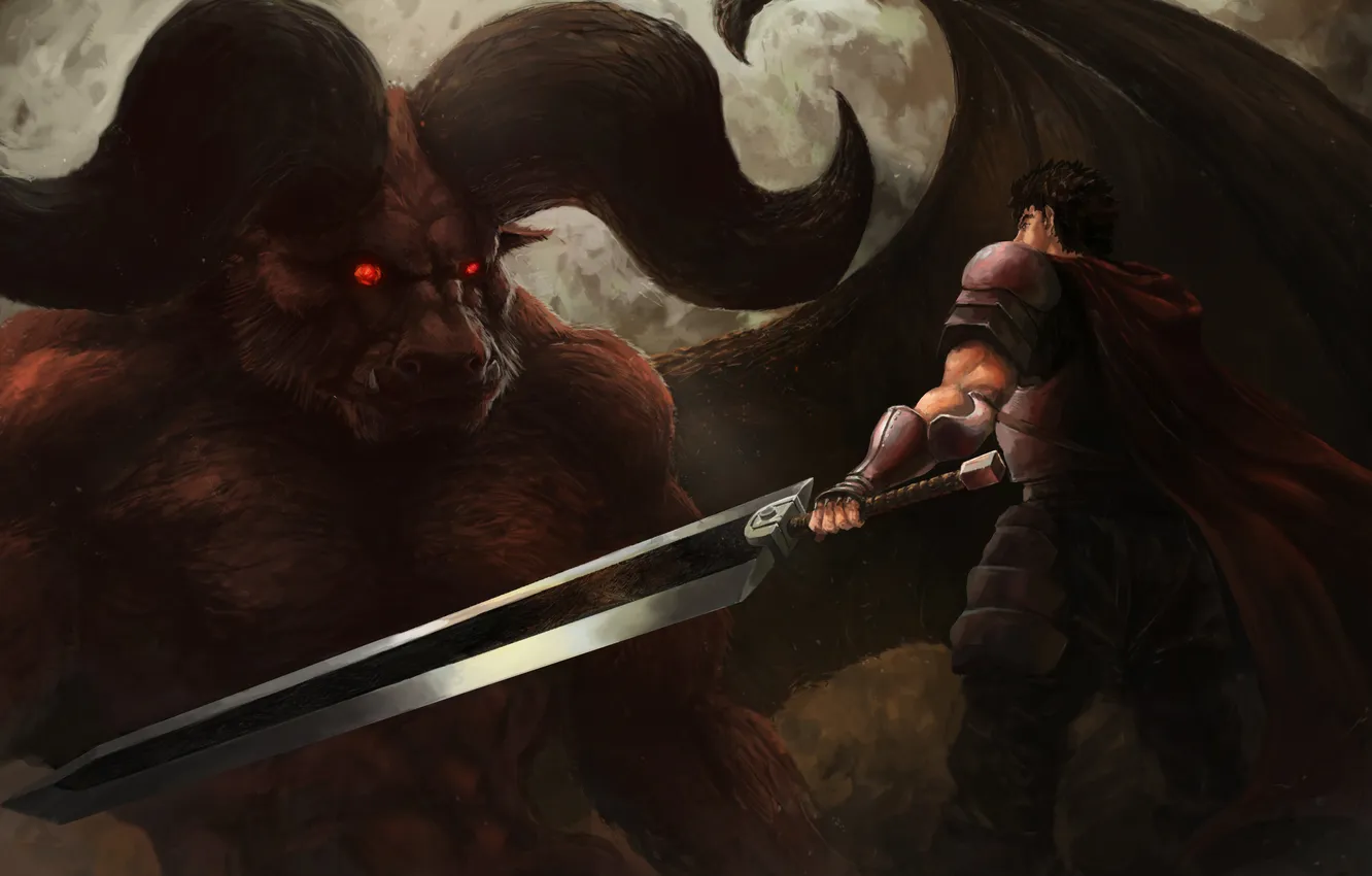 Фото обои монстр, меч, аниме, демон, воин, арт, рога, manga