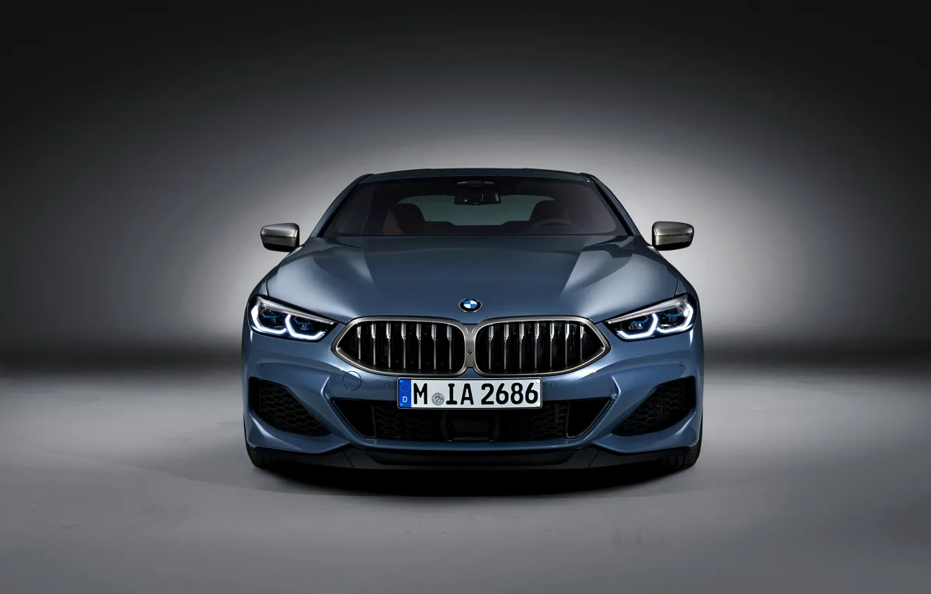 Фото обои фон, купе, BMW, вид спереди, Coupe, 2018, серо-синий, 8-Series