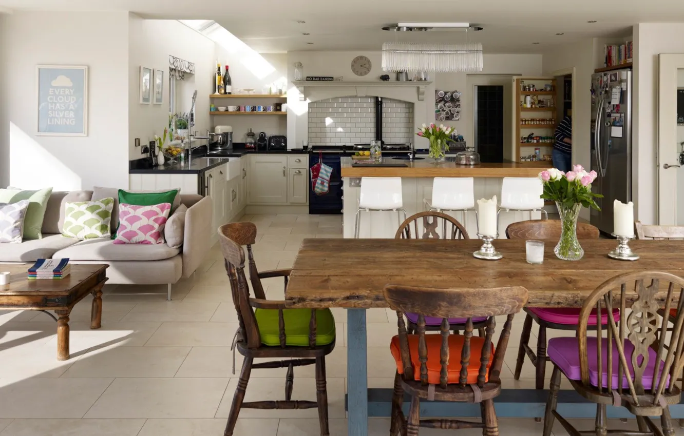 Фото обои Country Cottage Style, интерьер, кухня-гостиная, open plan kitchen-living, деревенский стиль коттеджа, свободная планировка, обеденная зона, …