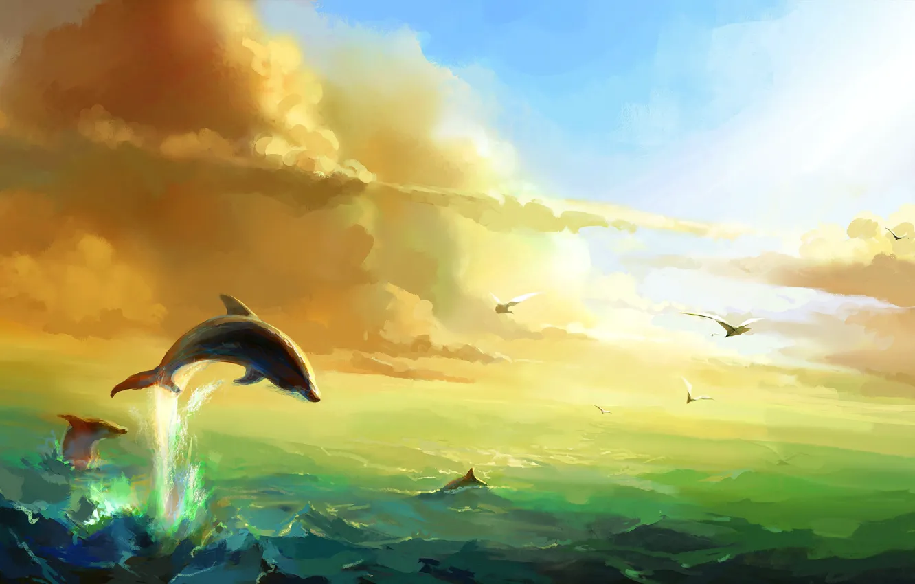 Фото обои Солнце, Облака, Море, Чайки, Дельфины