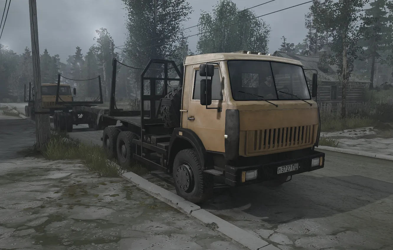 Фото обои truck, asphalt, town, logs, rig, on road, asphalt road, mudrunner