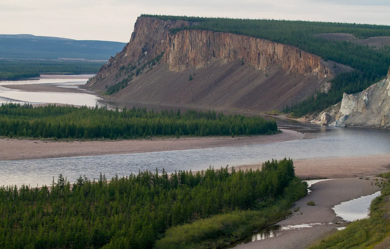 Фото обои лес, небо, вода, деревья, горы, река, камни, люди